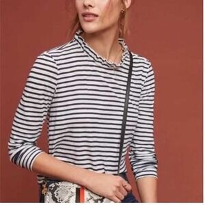 Stateside Striped Long Sleeve Ruffle Neck Tee Womens Small Navy Blue White